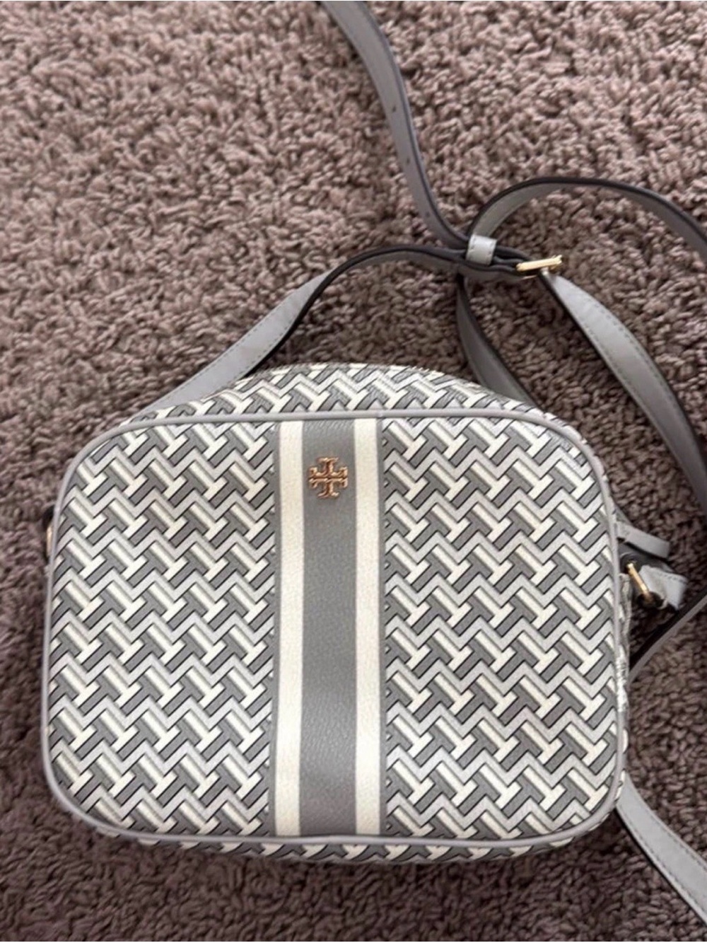 Tory Burch Grey Patterned Crossbody camera bag and Gold Logo